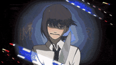 a cartoon drawing of a girl holding a knife with the word murder behind her