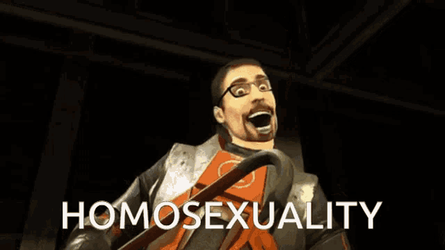 a video game character with glasses and a beard is talking about homosexuality