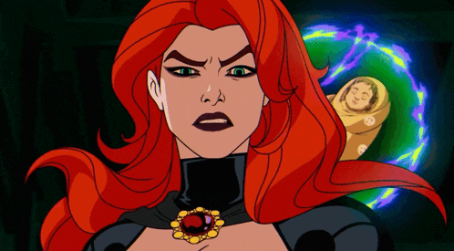 a cartoon character with red hair and a necklace
