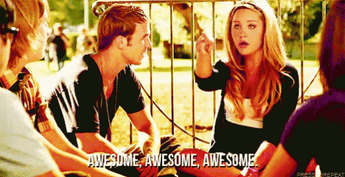 a group of people are sitting around a fence talking and one of them is saying awesome awesome awesome