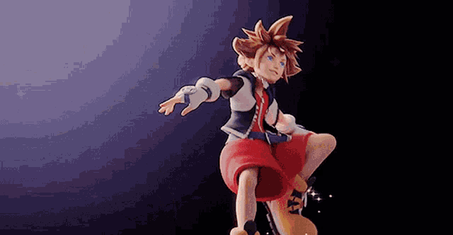 a figurine of sora from kingdom hearts is flying in the air .