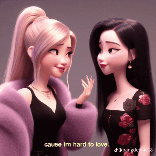 two cartoon girls are standing next to each other and one of them is wearing a purple fur coat