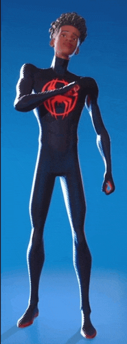 a man in a black suit with a red spider logo on his chest