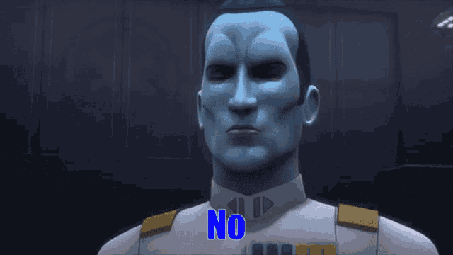 a man with a blue face and the word no on his chest