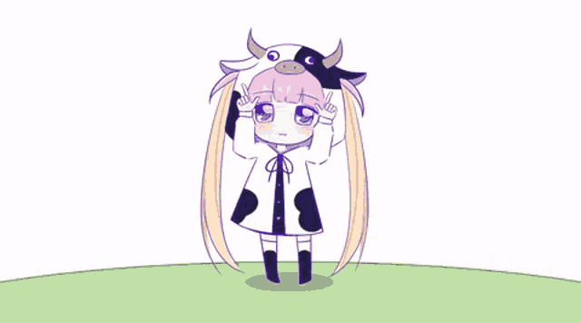 a girl in a cow costume stands in a field of cows