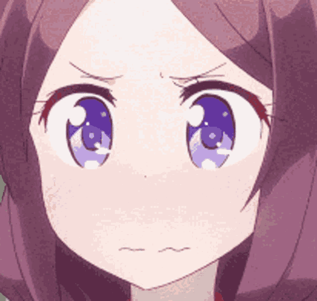 a close up of a anime girl with purple hair and blue eyes