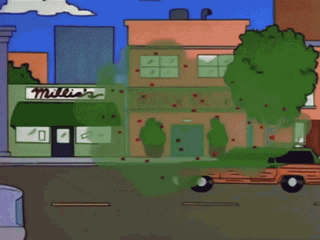 a cartoon scene with a building that says bank
