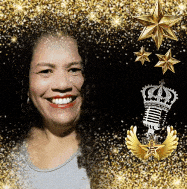a woman smiles in front of a microphone with a crown on top