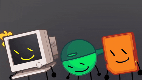 three cartoon characters are standing next to each other with one of them wearing a green hat