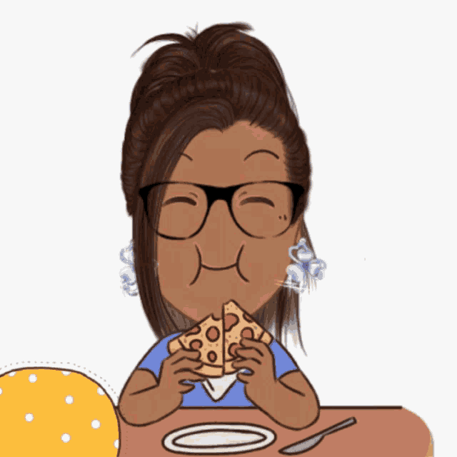 a cartoon of a woman with glasses eating a pizza