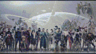 a group of people standing next to each other in front of a large white object