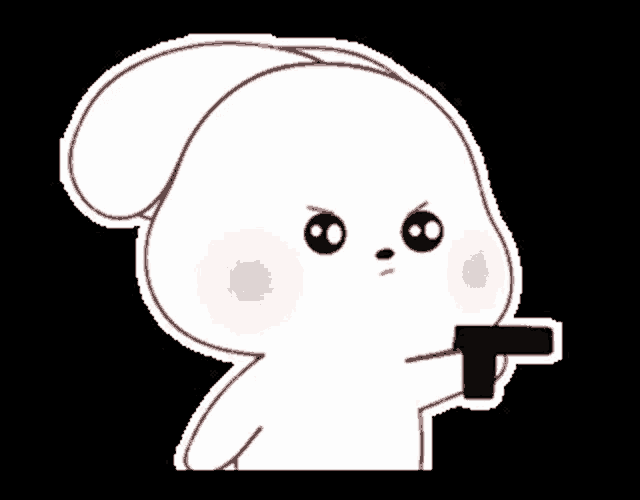 a cartoon rabbit is holding a gun in its hand and making a funny face .