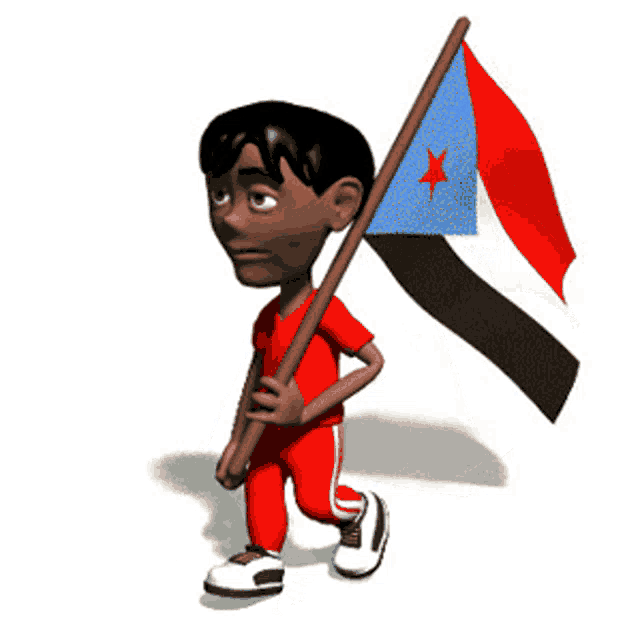 a boy in a red shirt is holding a flag with a red star on it