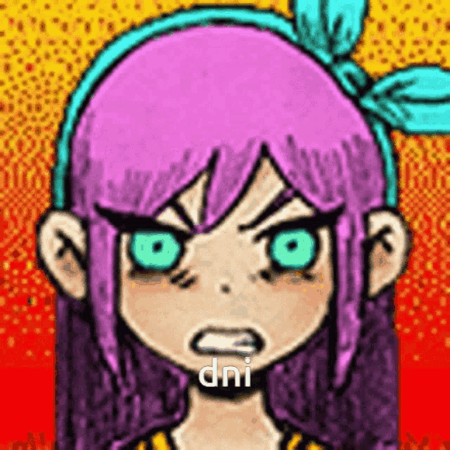 a cartoon girl with purple hair and green eyes is making a funny face and says dni .