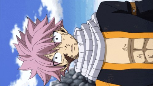 a cartoon character with pink hair and a scarf around his neck is laying down