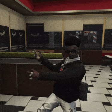a man in a video game is standing in front of a barber shop that says new york