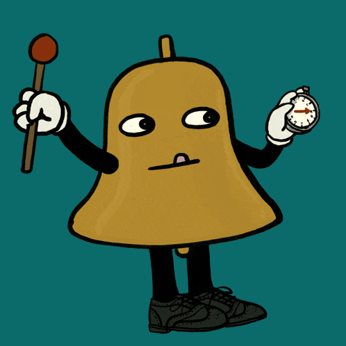 a cartoon drawing of a bell holding a hammer and a stopwatch