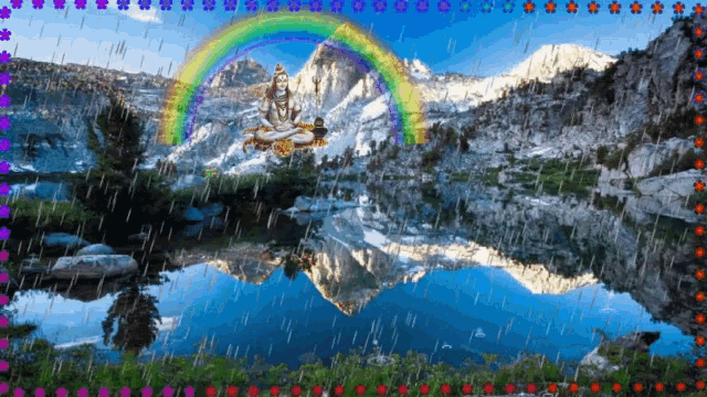 a rainbow is reflected in a lake surrounded by snow covered mountains