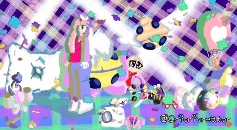 a cartoon drawing of a girl standing next to a cat and a balloon with the word creator on the bottom right