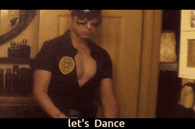 a man in a police uniform says let 's dance on the screen