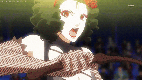a woman with green hair is holding a rope in her hands with the words jaylathecerealkiller below her