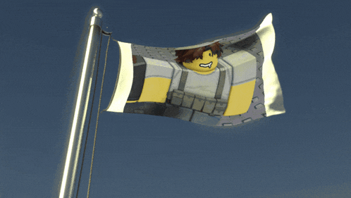 a flag with a picture of a roblox character flying in the wind