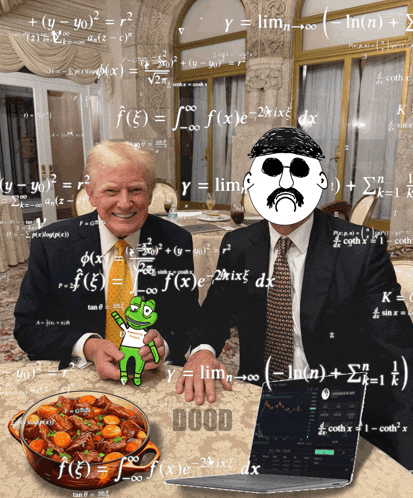 two men are sitting at a table with mathematical equations behind them and one of them is holding a green frog that says good
