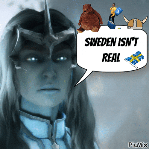 a cartoon of a woman with a speech bubble that says sweden isn 't real