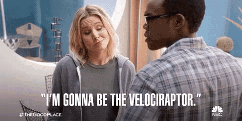 a man and a woman are talking and the woman says " i 'm gonna be the velociraptor " .
