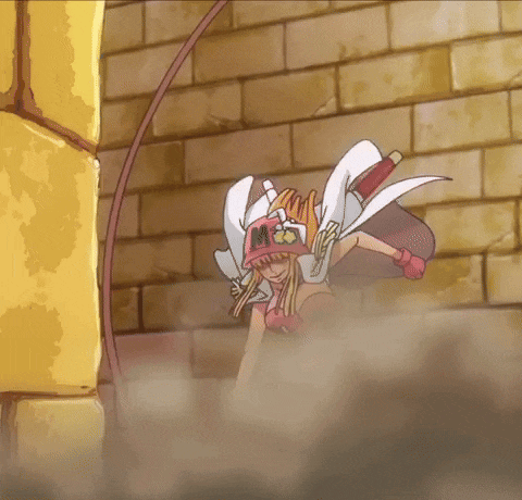 a cartoon character wearing a hat with the letter m on it is standing next to a brick wall .