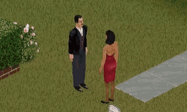 a man and a woman are standing on a sidewalk in a video game .