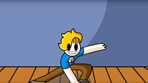 a cartoon of a man sitting on a wooden staircase with a red curtain behind him