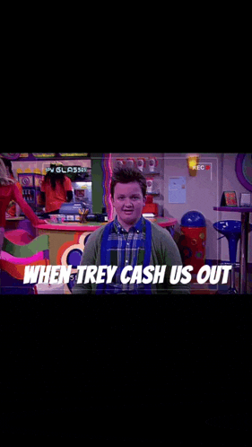 a man standing in front of a camera with the words when trey cash us out