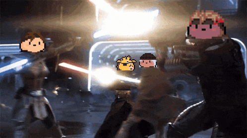 a group of people are fighting with lightsabers in a pixel art scene
