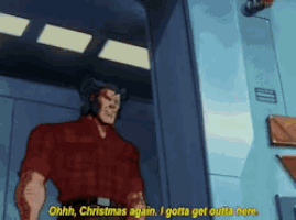 a cartoon of wolverine saying ohhhh christmas again i gotta get outta here