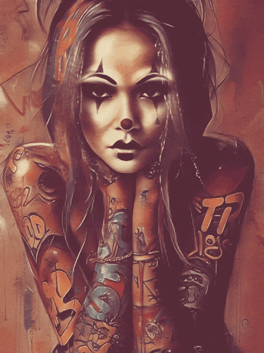 a painting of a woman with tattoos on her arms including the letter t