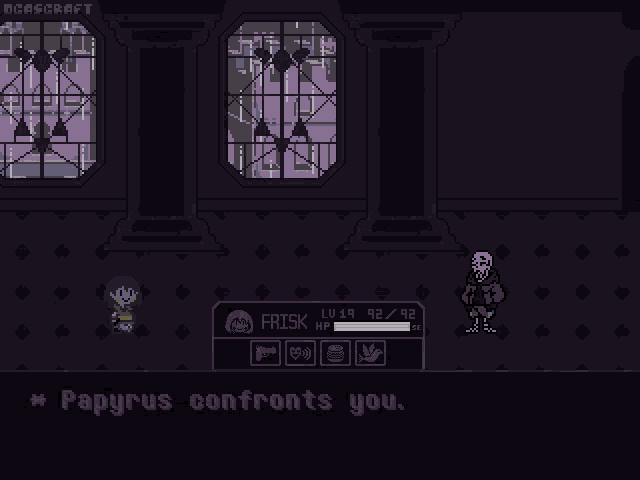 a pixel art drawing of papyrus confronting frisk