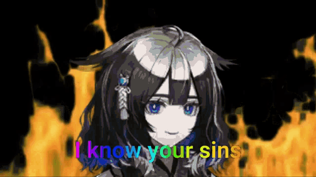a girl with black hair and blue eyes is standing in front of a fire and says i know your sins .