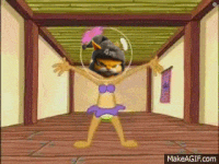 a cartoon character in a bikini is dancing in a hallway ..