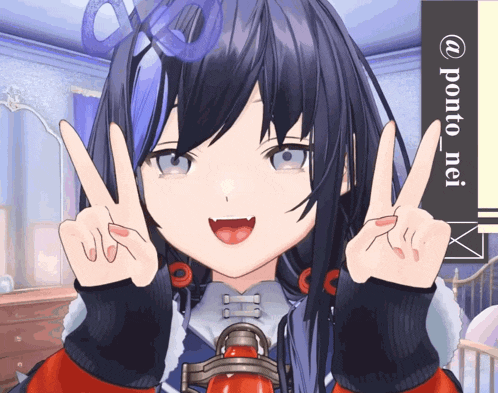 a girl giving a peace sign next to a pointo nei sign