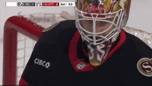 a hockey player wearing a helmet with the number 35 on his chest