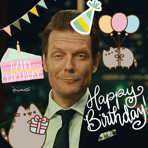 a man in a suit and tie is surrounded by balloons and a birthday cake