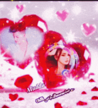 a picture of a man and a woman surrounded by hearts and the name muddu