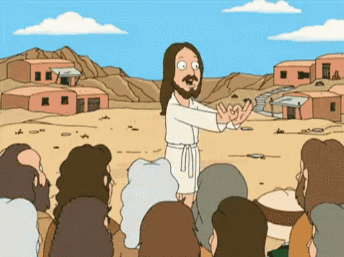 a cartoon of jesus giving a sermon to a crowd of people