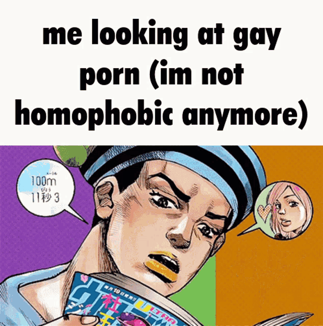 a cartoon of a man reading a book with the words me looking at gay porn