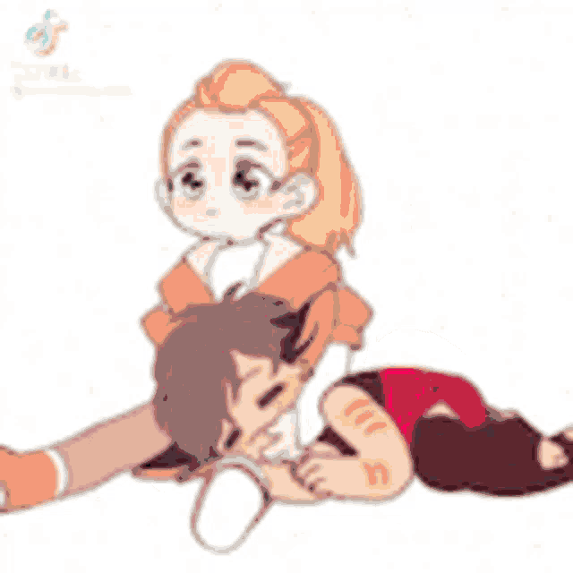 a cartoon of a girl laying on top of a boy .