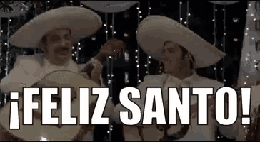 two men in sombrero hats are playing guitars and drums and the words `` feliz santo ! ''