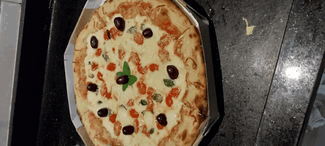 a pizza with tomatoes olives and cheese on it