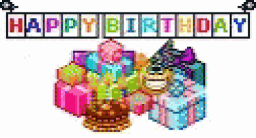 a happy birthday banner with gifts and a cake .