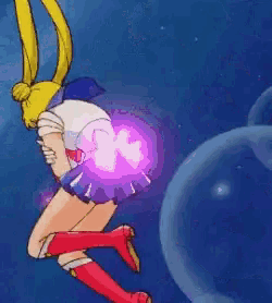 a cartoon character is flying through the air with a purple light coming out of her back .
